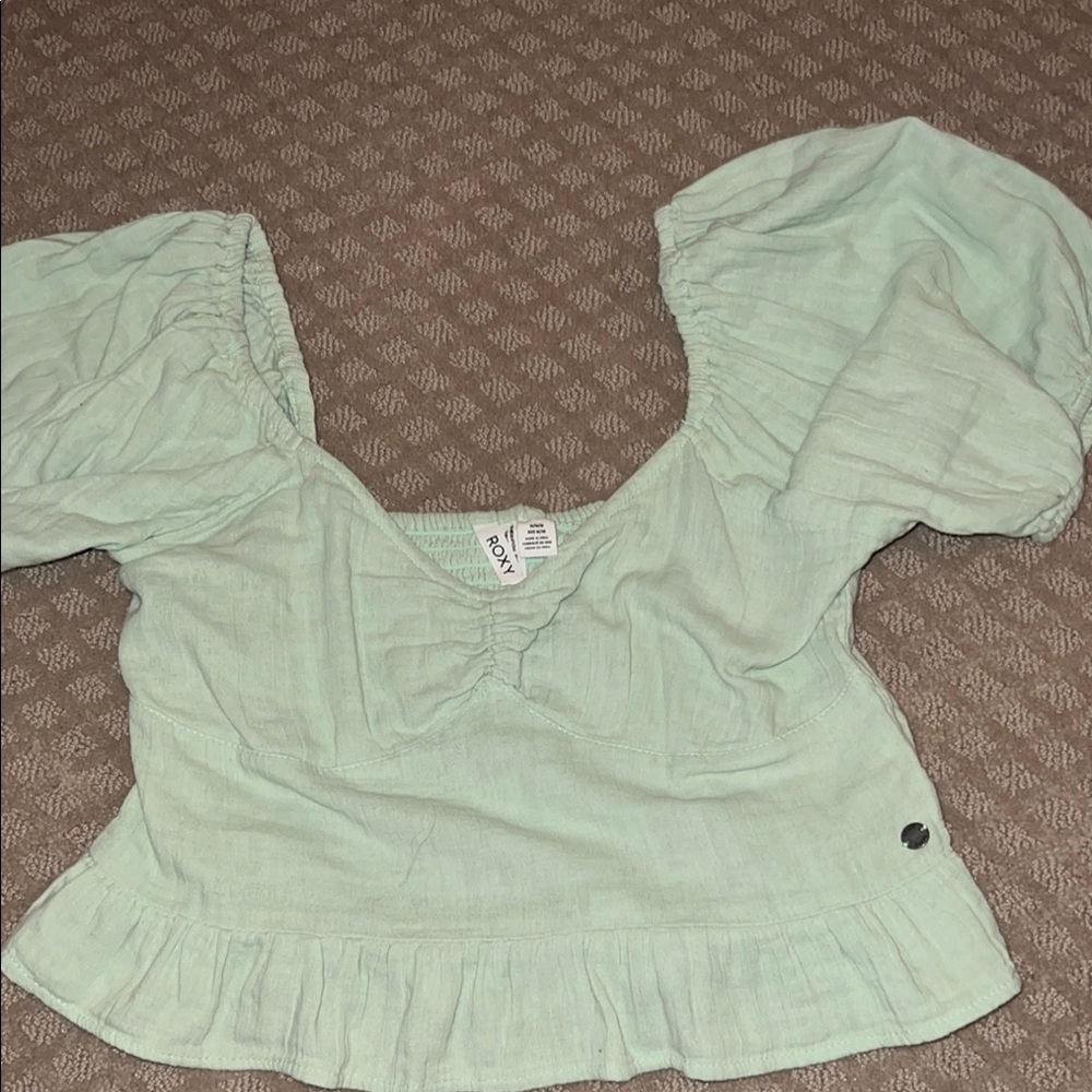 Roxy Green Ruched Puff Sleeve Blouse